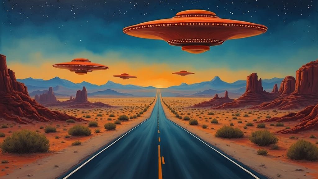 UFOs Over Desert Highway in Gouache Style