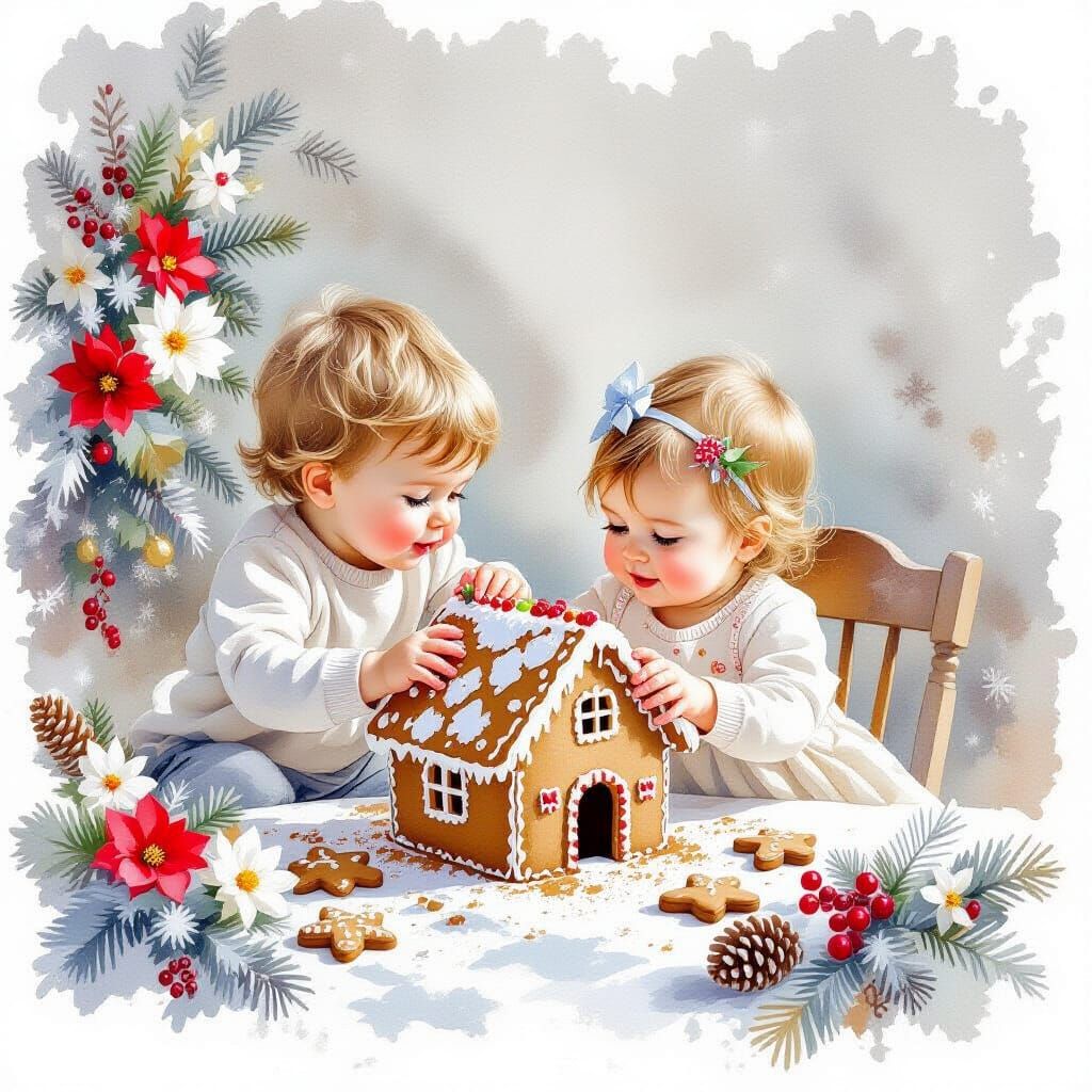 Ethereal Watercolour of Siblings Making Gingerbread House