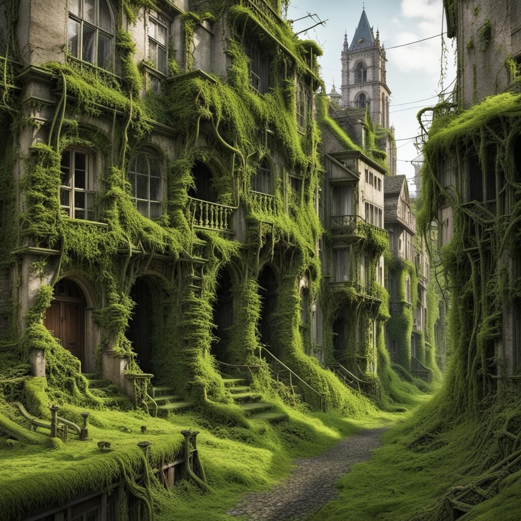 Overgrown city covered in vines and moss