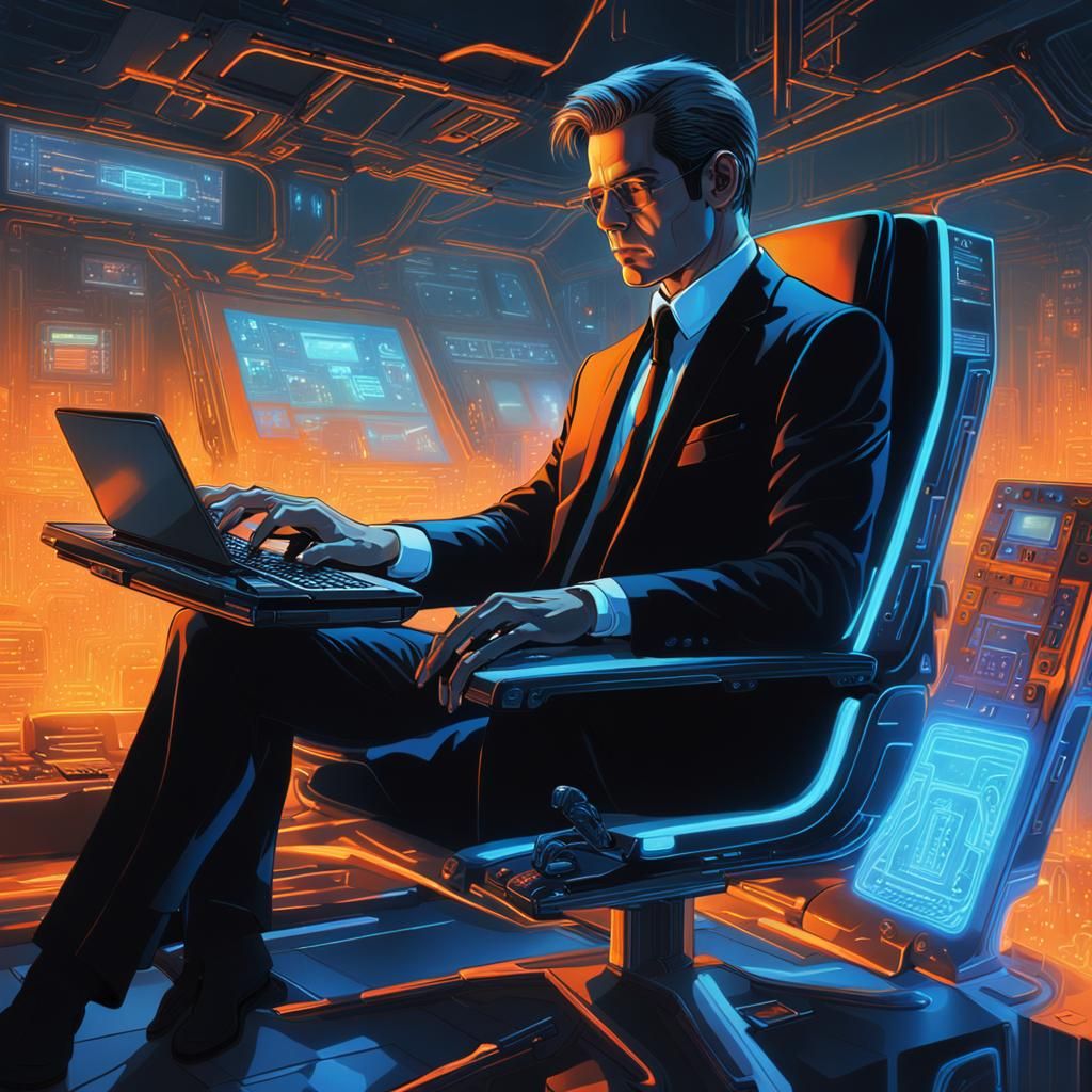 Man Hacking on Futuristic Computer in Neon Light