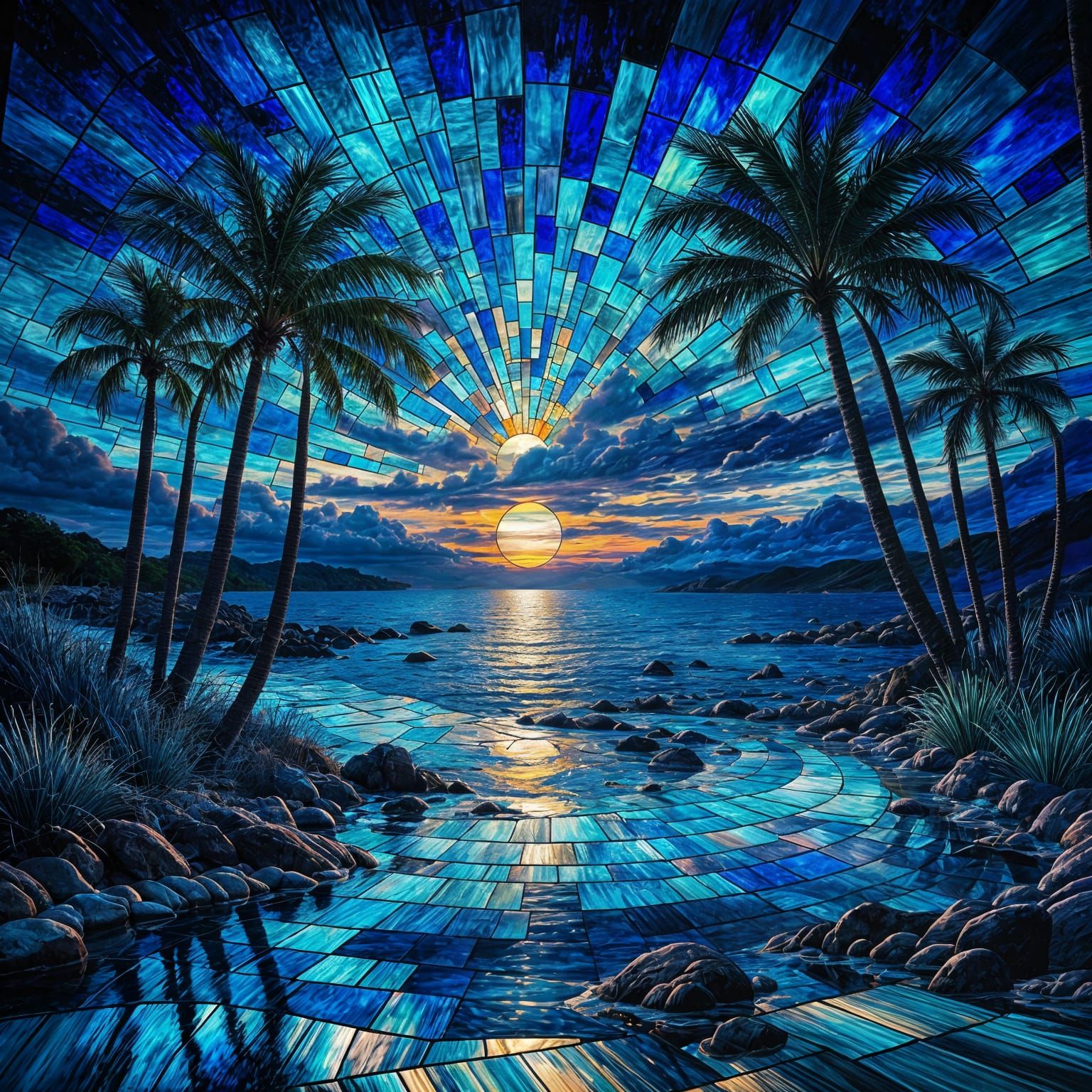 Stunning Stained Glass Window of a Blue Sunset