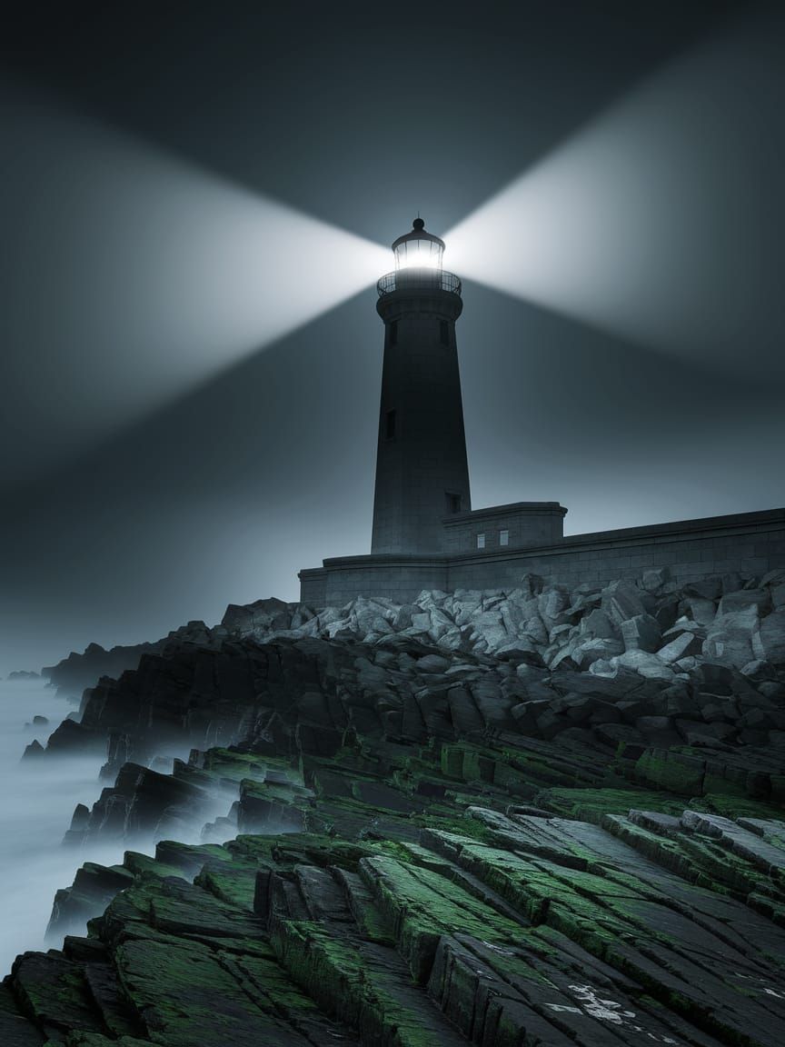 Lighthouse Piercing Fog on Rocky Coastline