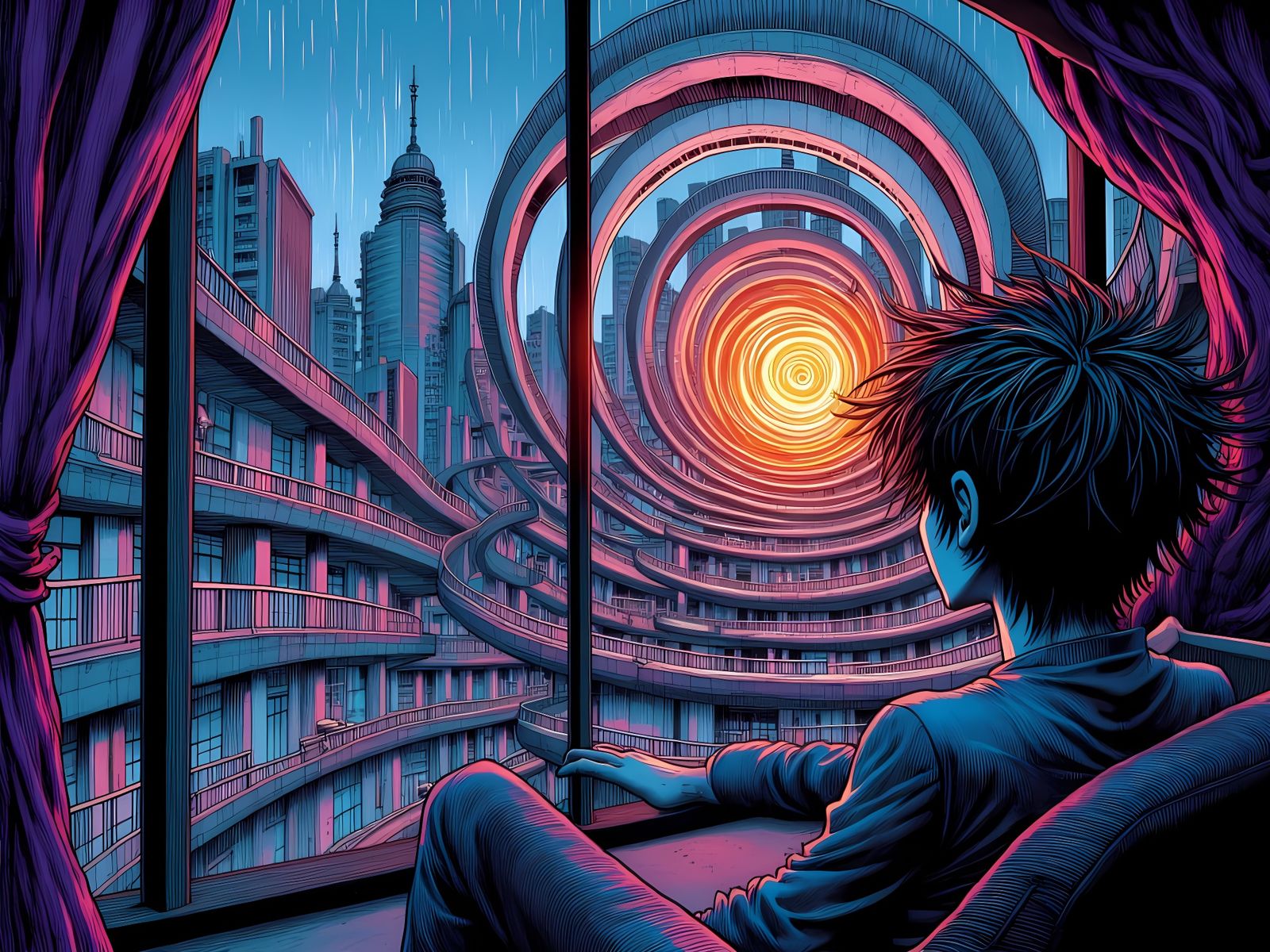 Cyberpunk Cityscape with Holographic Book, Anime Style