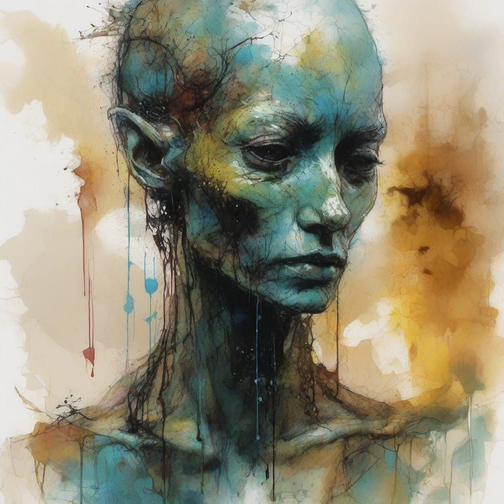 Surreal Alien Portrait in Expressive Ink Style