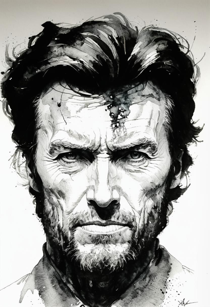Clint Eastwood  Billy No Face  Japanese ink drawing, in the ...