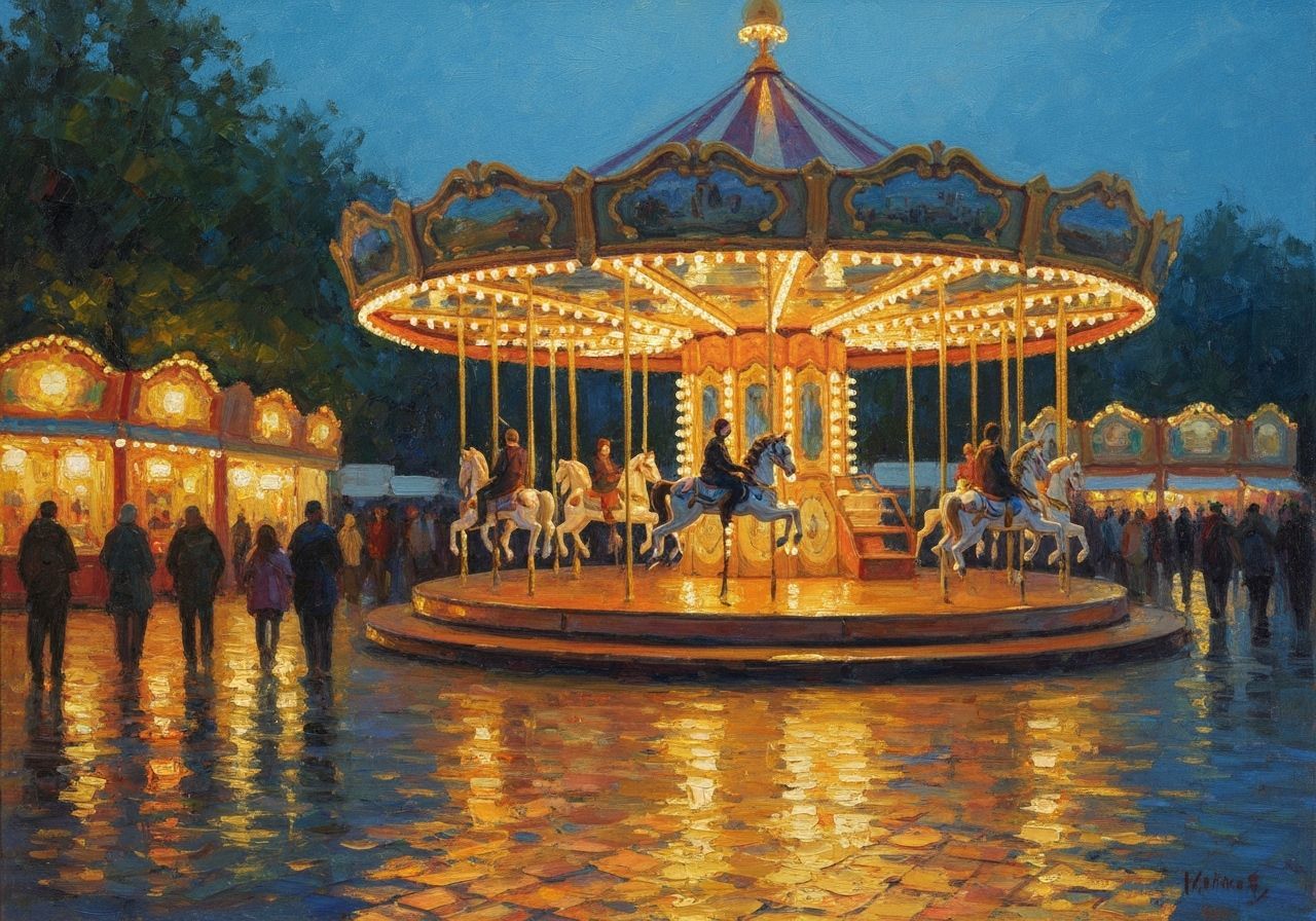 Impressionist Fairground Carousel Glowing at Twilight