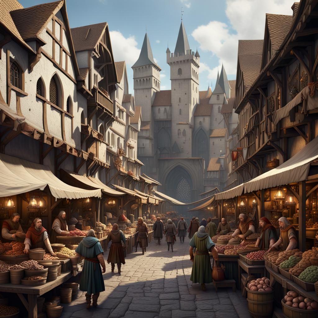 Bustling Medieval Market in Detailed Matte Painting Style
