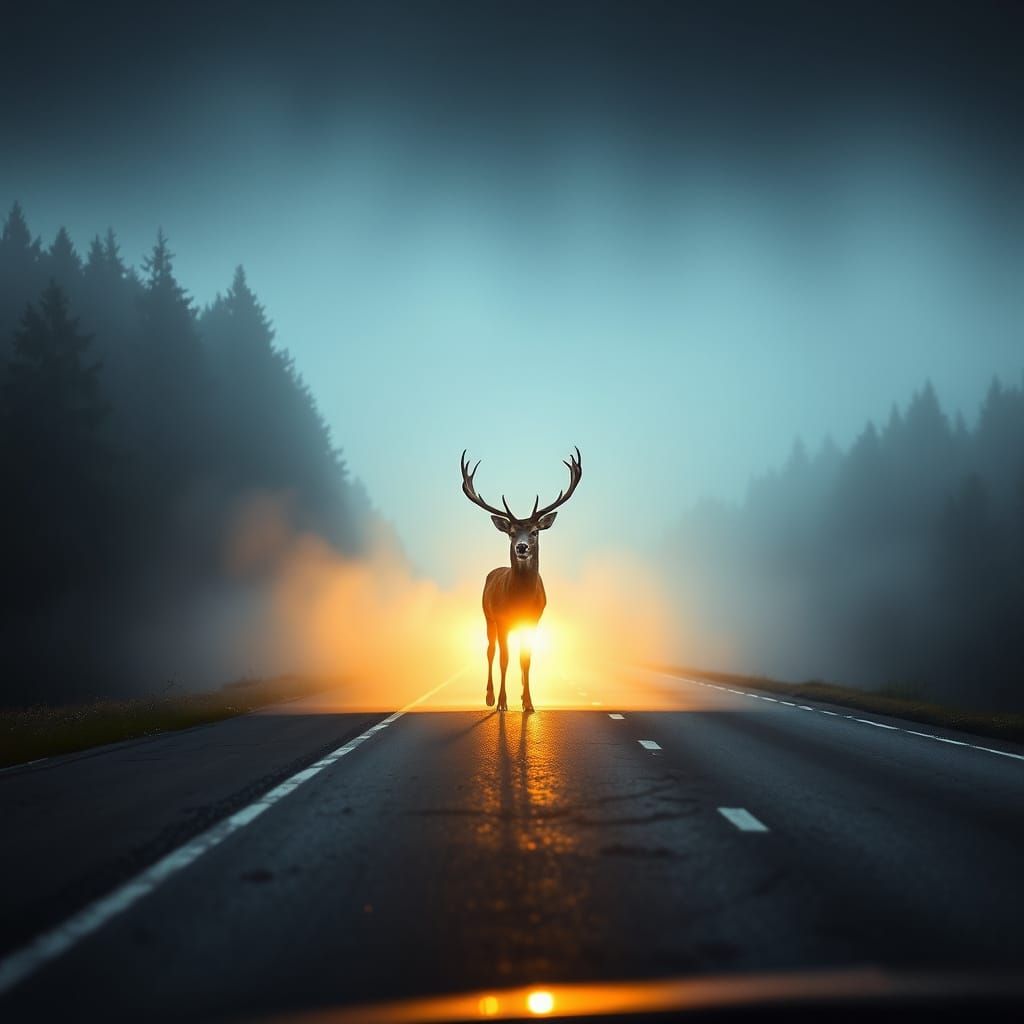 Deer in Headlights on Misty Highway