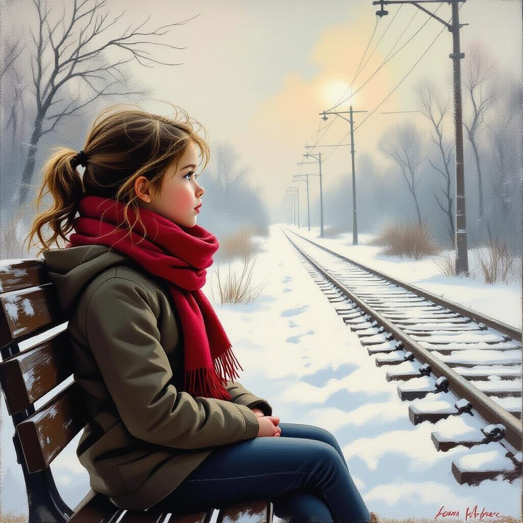 Girl on Bench Pondering Empty Train Tracks in Winter Light