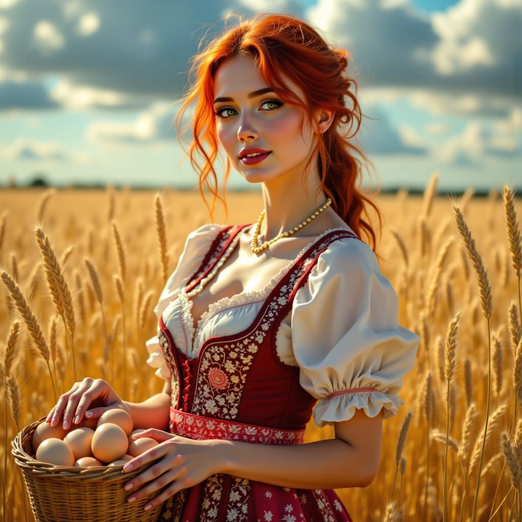 Woman in Traditional Norwegian Bunad with Eggs in Wheat Fiel...