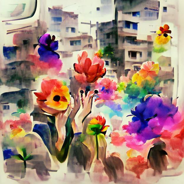 Colorful Watercolor of People and Flowers