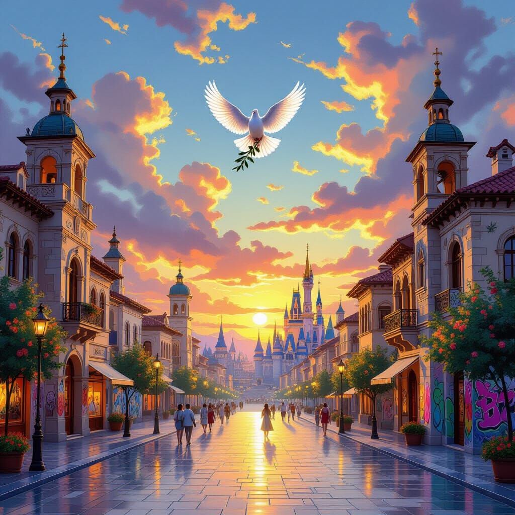 Majestic City Square at Sunset with Dove