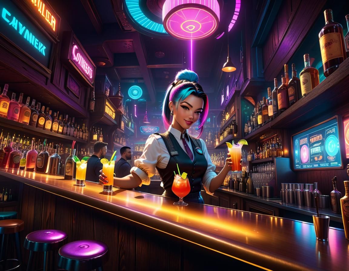 Cyberpunk Bartender Mixing Drinks at Magic Hour
