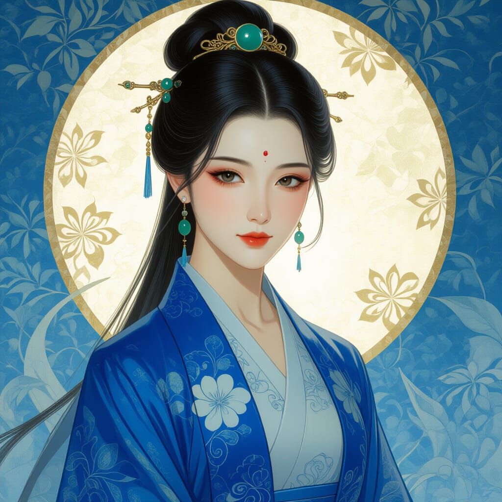 Elegant Chinese Woman in Blue Silk Brocade