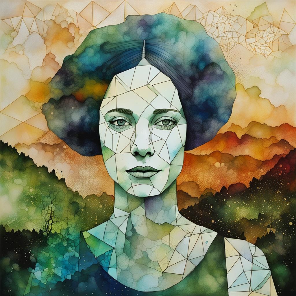 Geometric Splatter Portrait with Alcohol Ink and Tea Stains