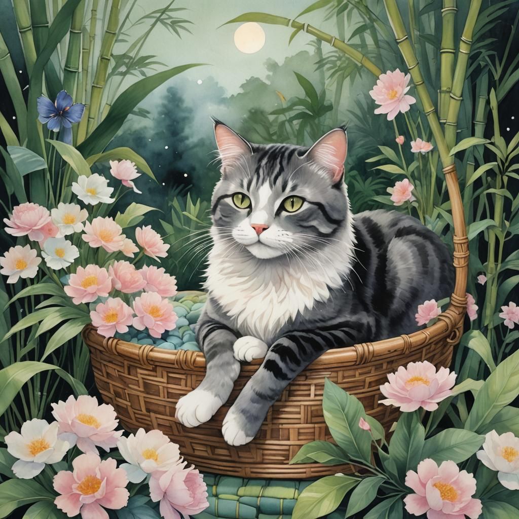 Pastel Moonlight Serenade: A Cat's Dreamscape