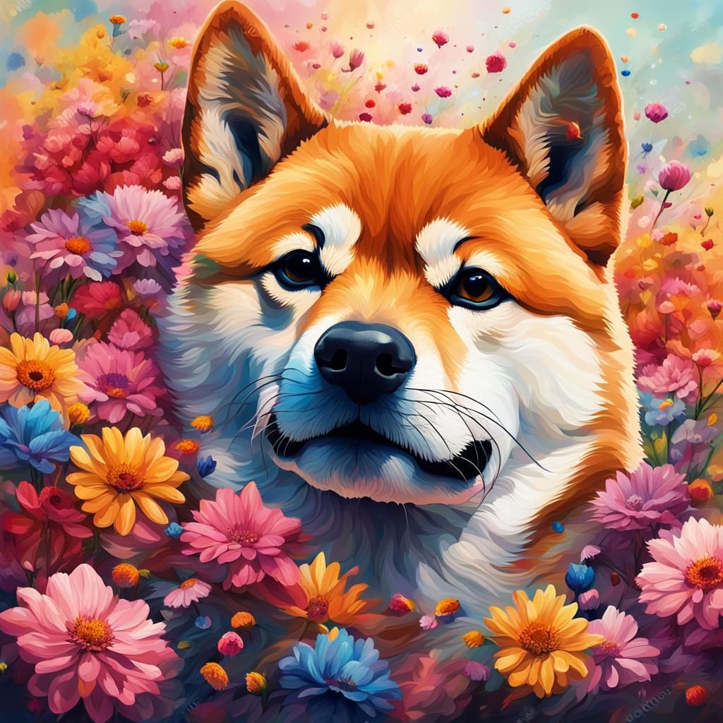 Floral Shiba Inu Hyperrealistic Splash Art