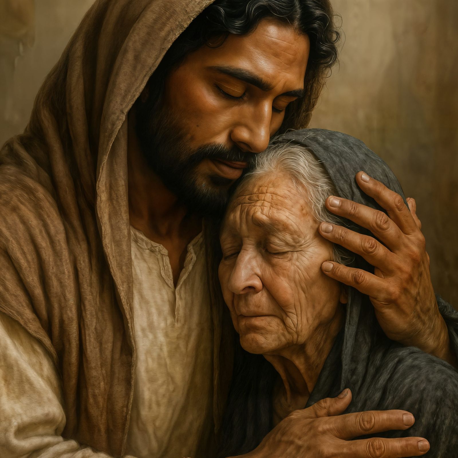 Peaceful Jesus Comforts an Old Woman: CG Render
