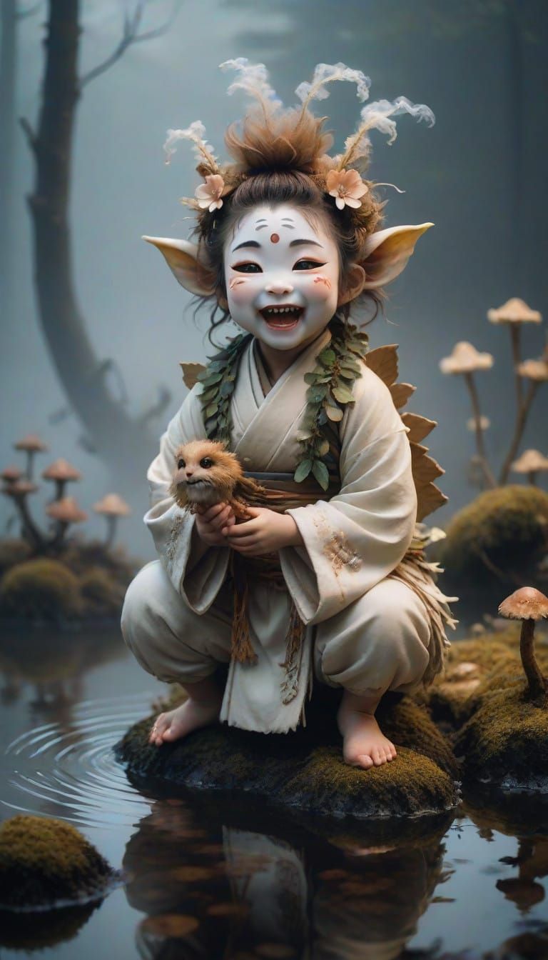 Miniature Dryad Chimera Portrait in Traditional Japanese Att...
