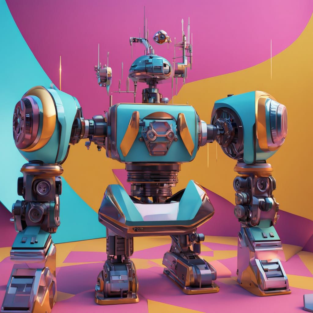 Robot Runs on Sales Chart Horizon in Cubist Style