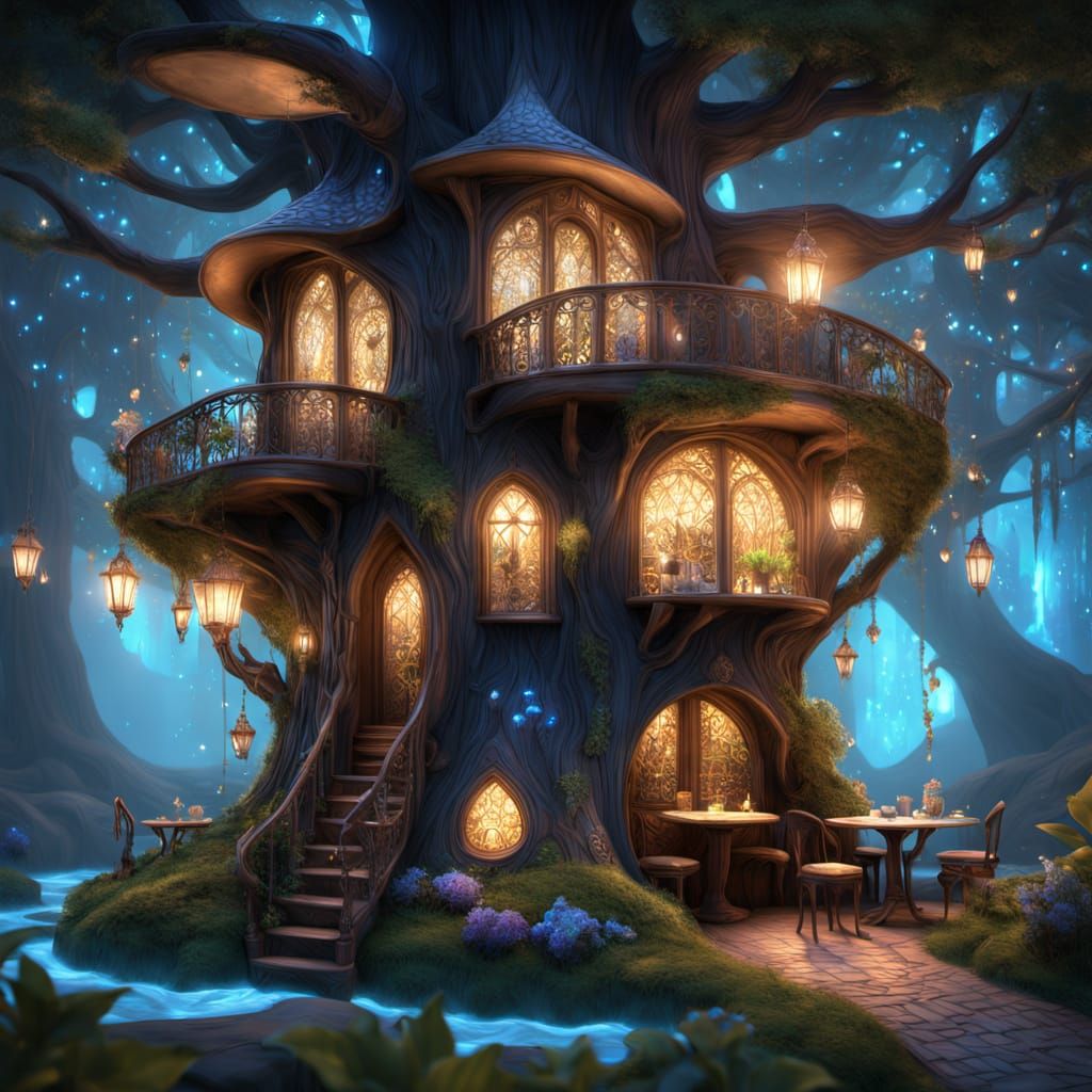 Magical Treehouse Cafe with Stained Glass and Glowing Detail...