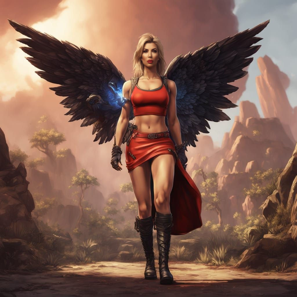 Kim Kardashian in Red Outfit with Fantasy Wings