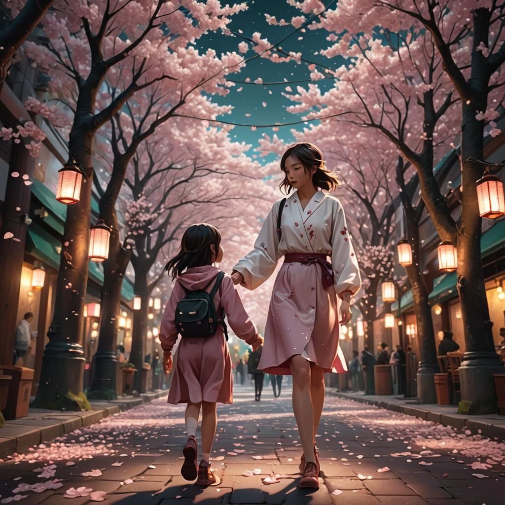 Girl Walks Under Cherry Blossoms, Fantasy Concept Art