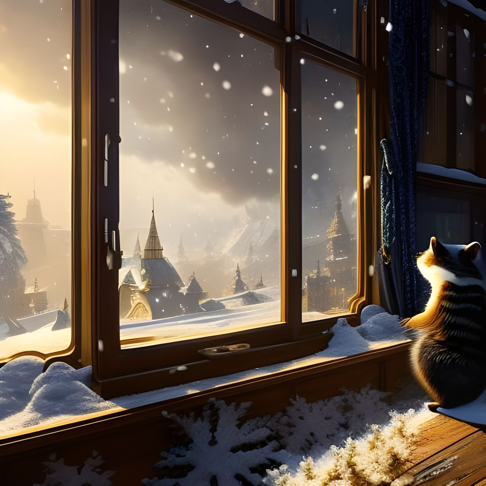 Raccoon sitting on a window shelf looking outside as the snow falls in the afternoon