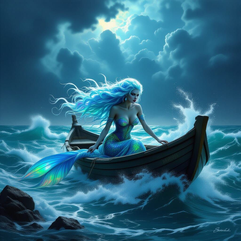 Siren Hauling Boat Through Stormy Seas
