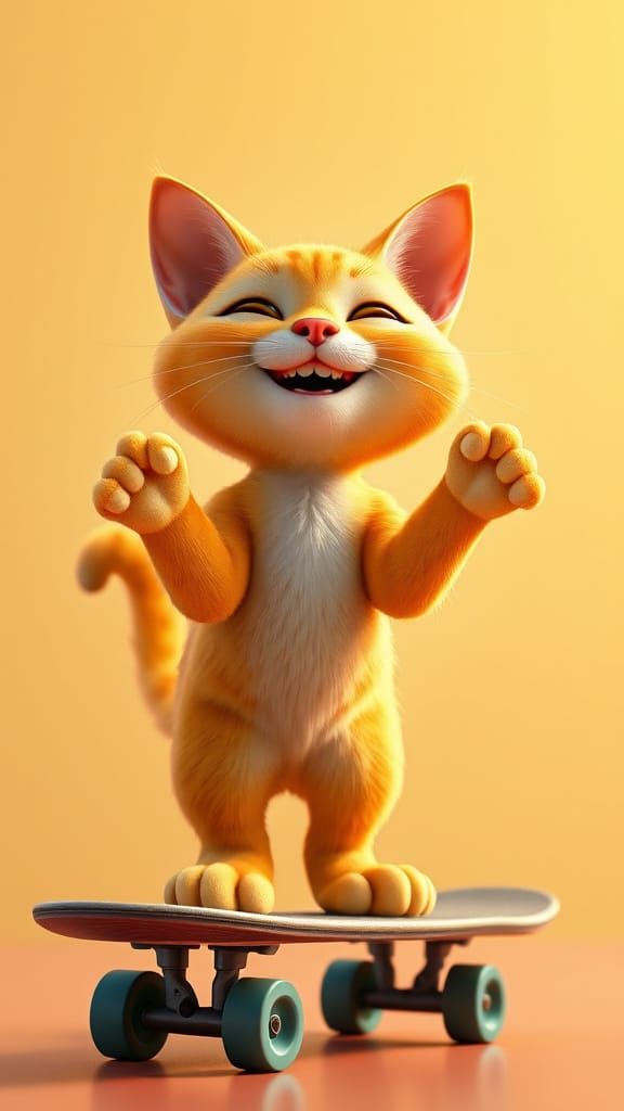 Happy Cat Skateboarder: Pixar Disney Style 3D Art