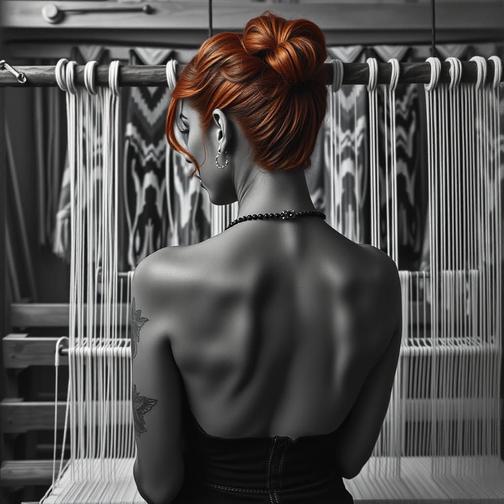 Striking Pin-Up Behind Loom in Photorealistic Style