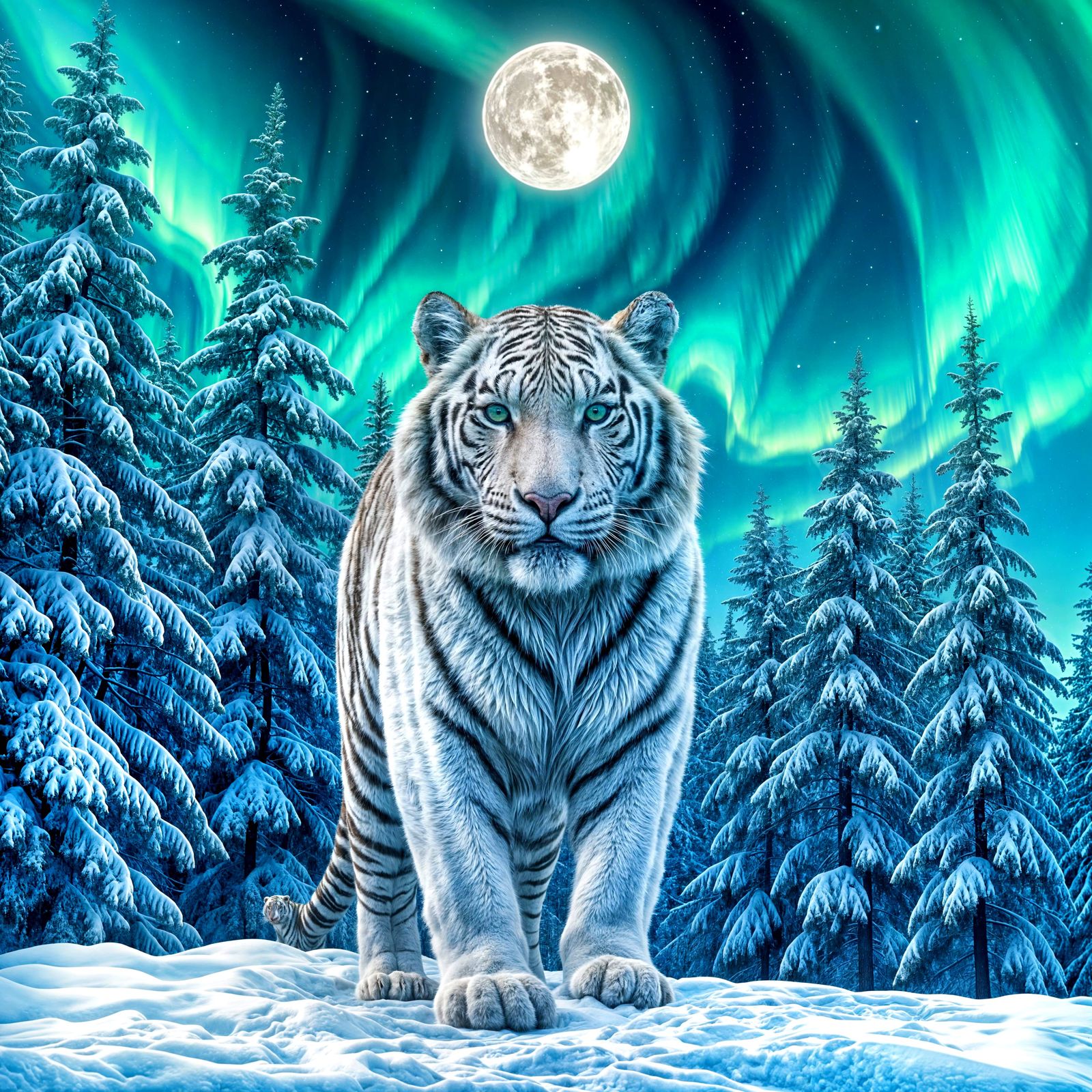Majestic White Siberian Tiger in Winter Wonderland with Auro...