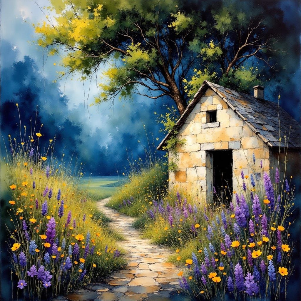 Monk in Prayer Before Walls in Watercolor Style