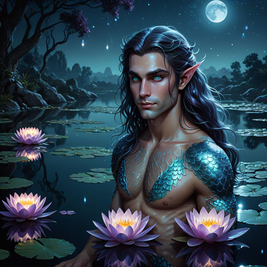 Surreal Portrait of an Alluring Merman Elf in a Moonlit Pond