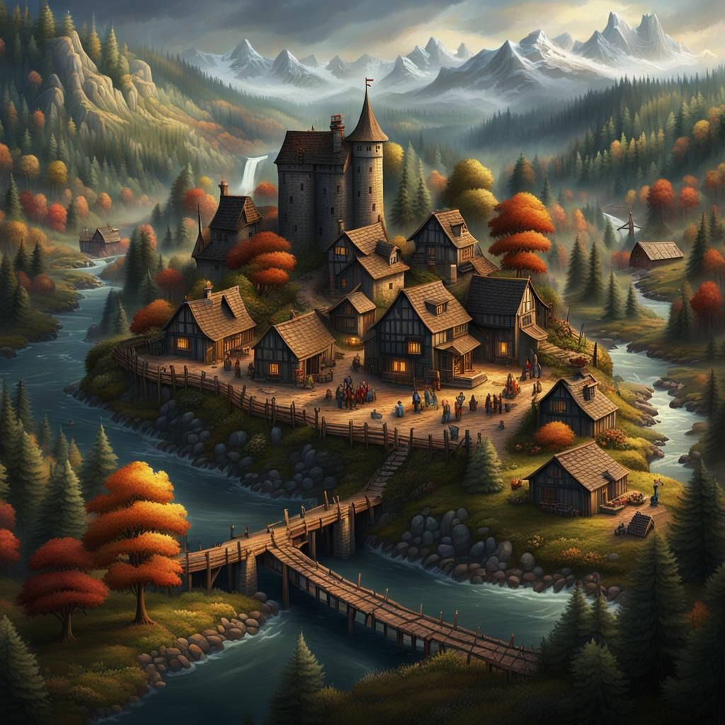 Lumberjack Village with Castle: Fantasy Concept Art