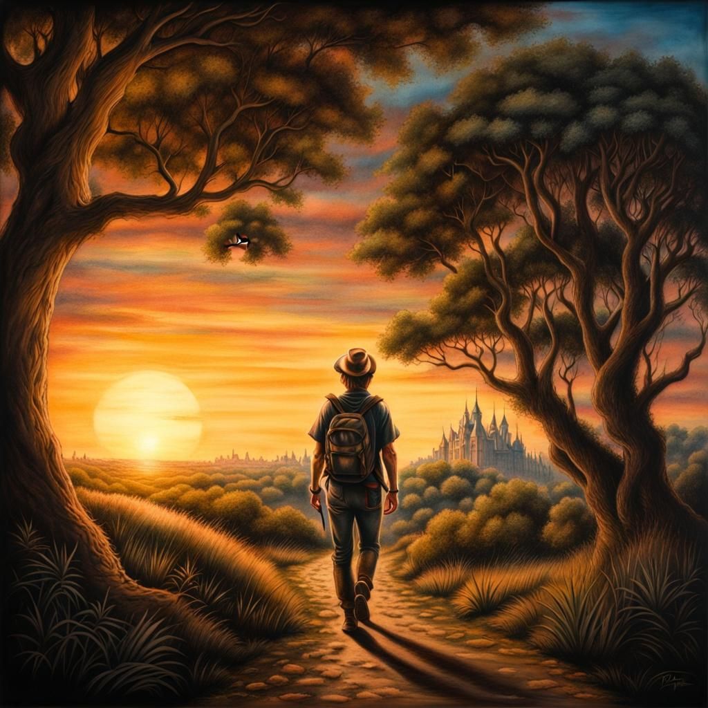 Wanderer's Sunset: Charcoal Drawing in Storybook Style