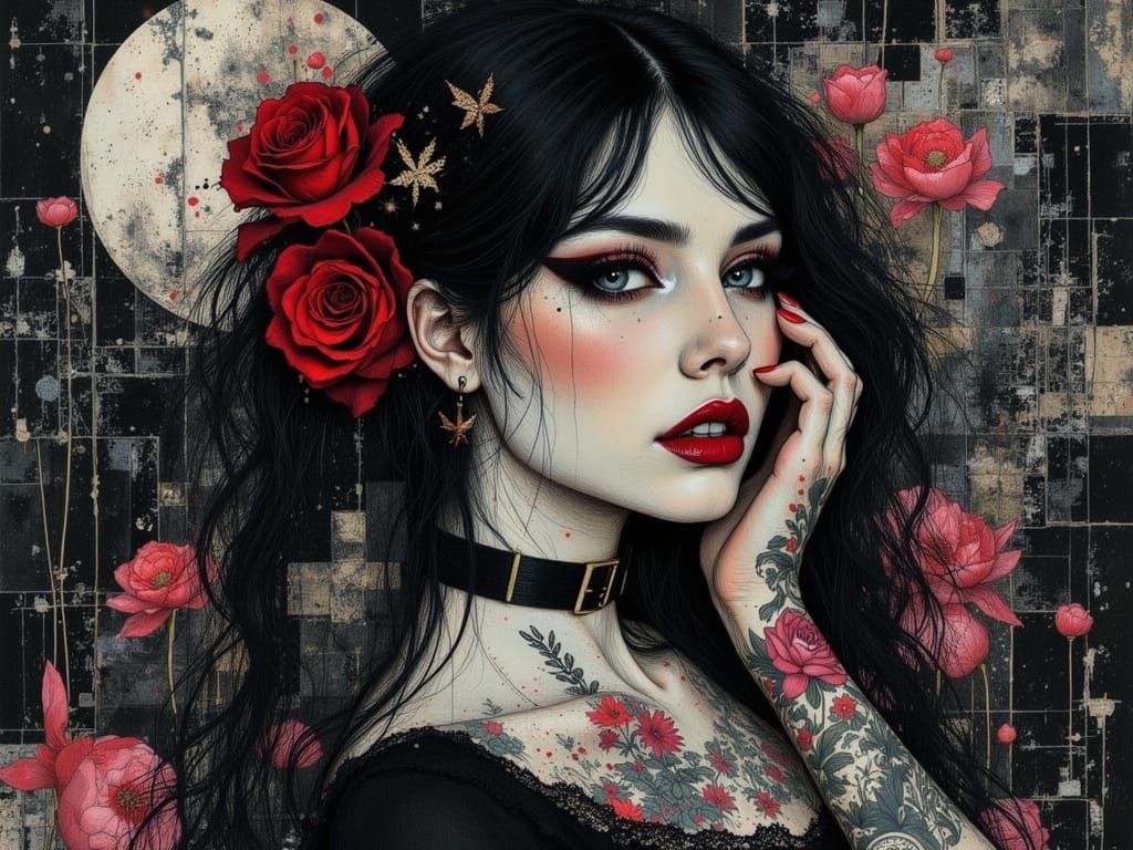 Gothic Woman in Surreal Abstract Ink Style