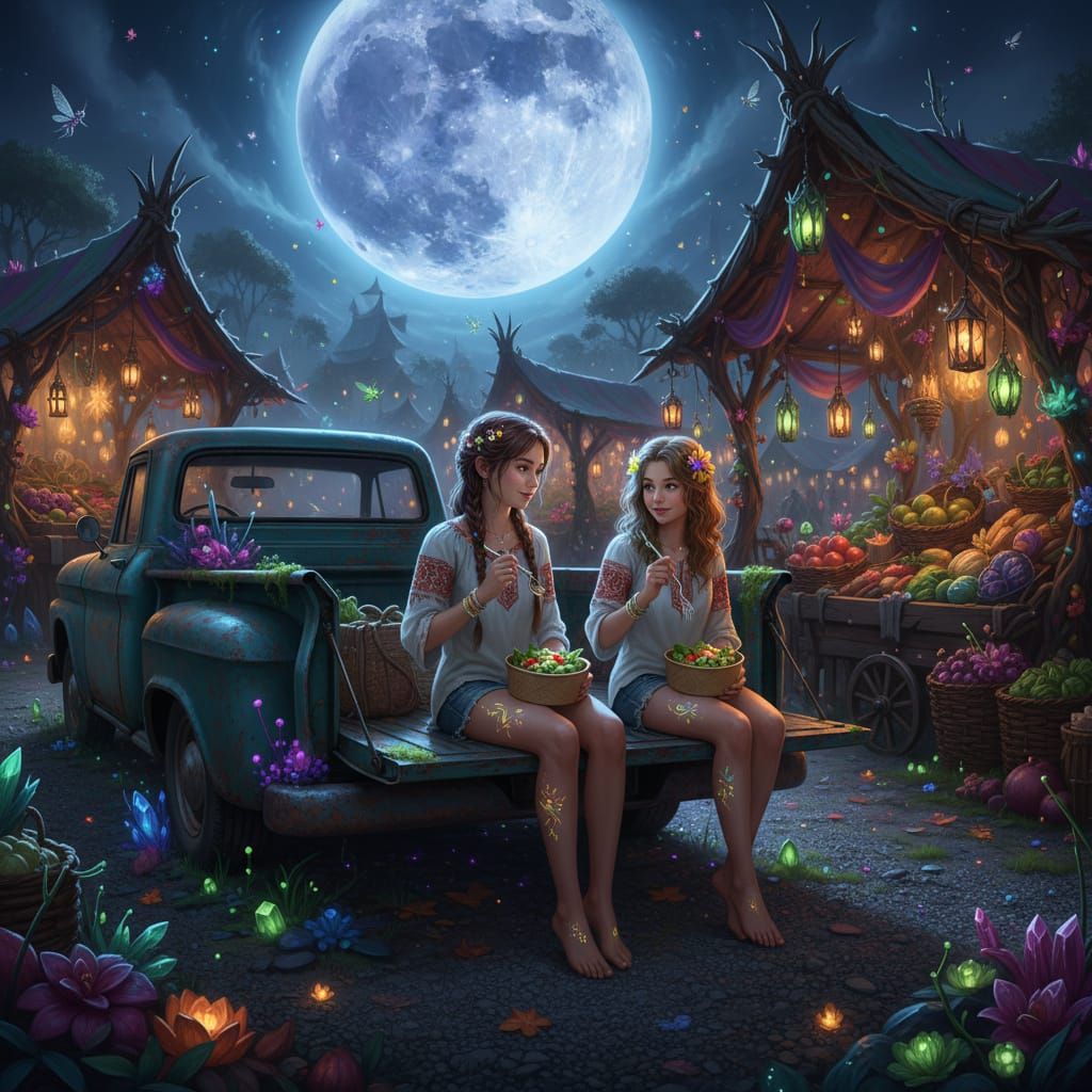 Teenagers Enjoy Garden Salads Under Full Moon at Farmer's Ma...