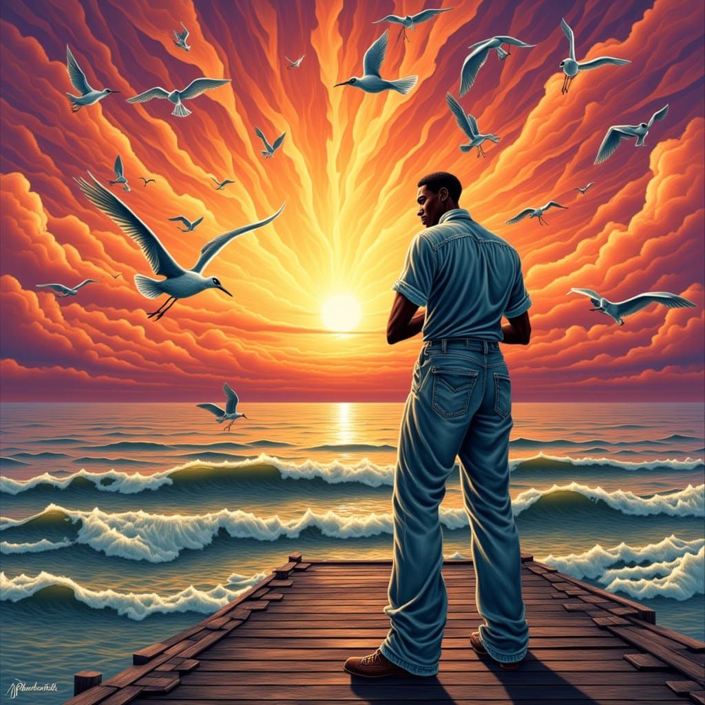 Man on Dock at Sunset with Abstract Sky