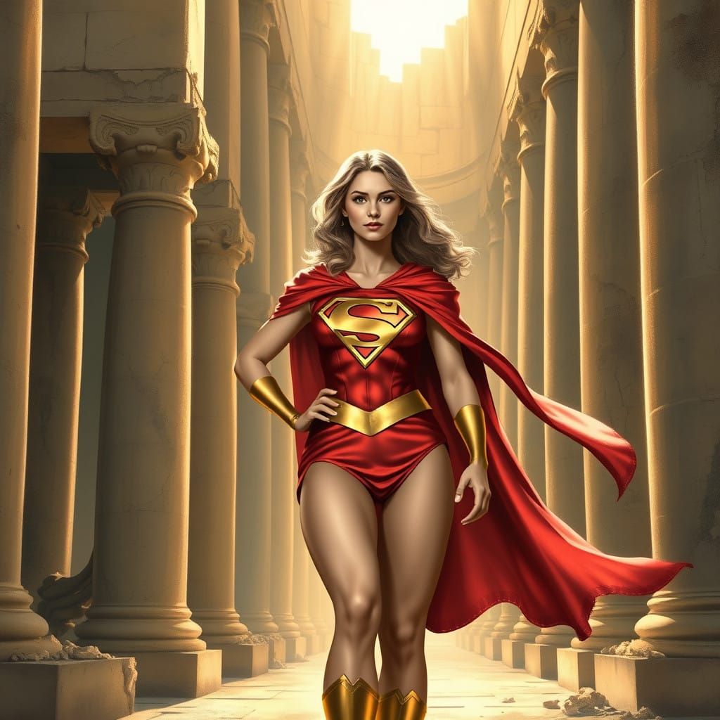 Elegant Superheroine in Ancient Greek Ruins