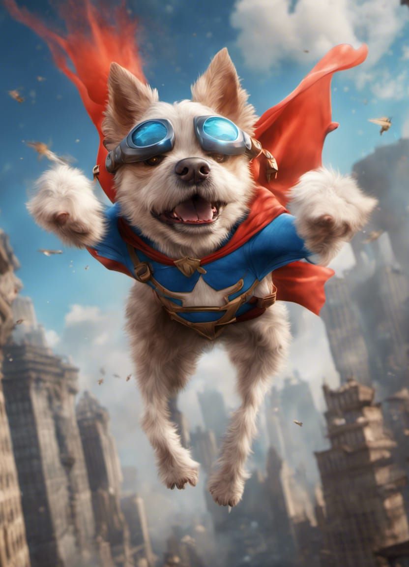 Funny Superhero Dog in Flight: Detailed Matte Painting