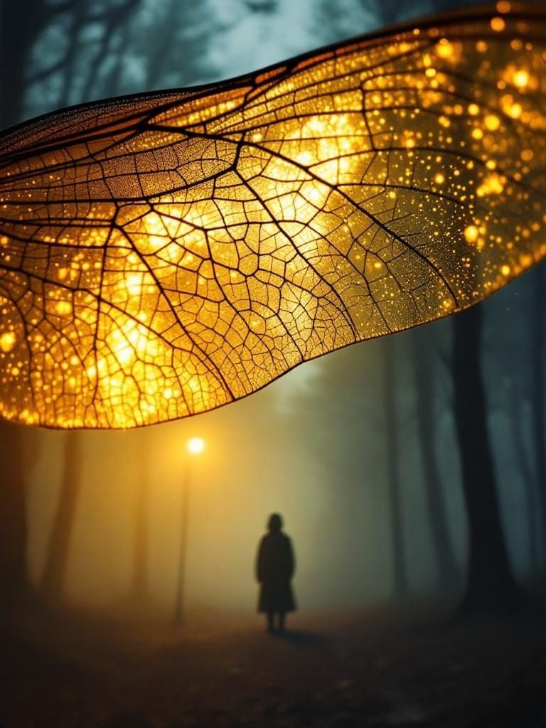 Macro Dragonfly Wings in Misty Forest