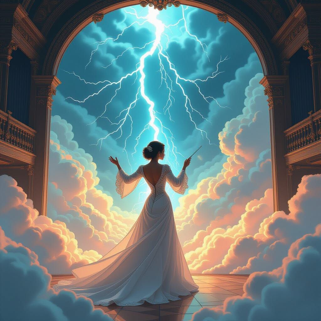 Ornate Music Hall with Lightning Instruments, Digital Art