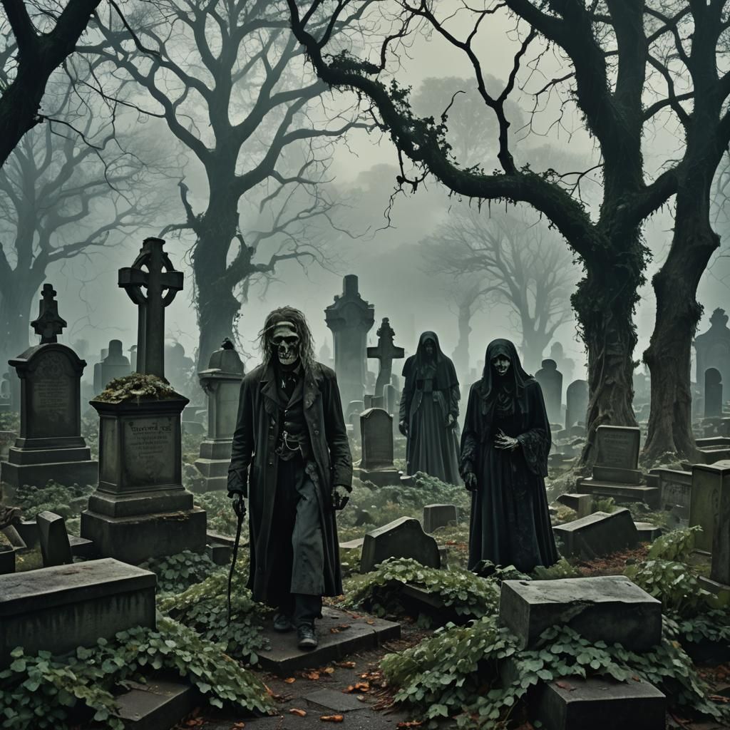 Zombies Roam a Foggy Graveyard in Dark Surrealism