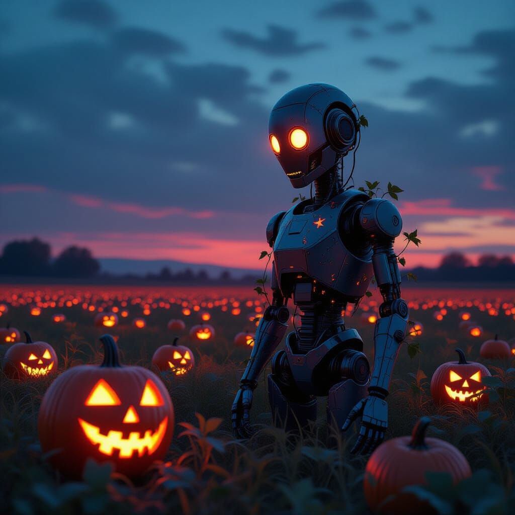 Desolate Robot in Alien Pumpkin Field