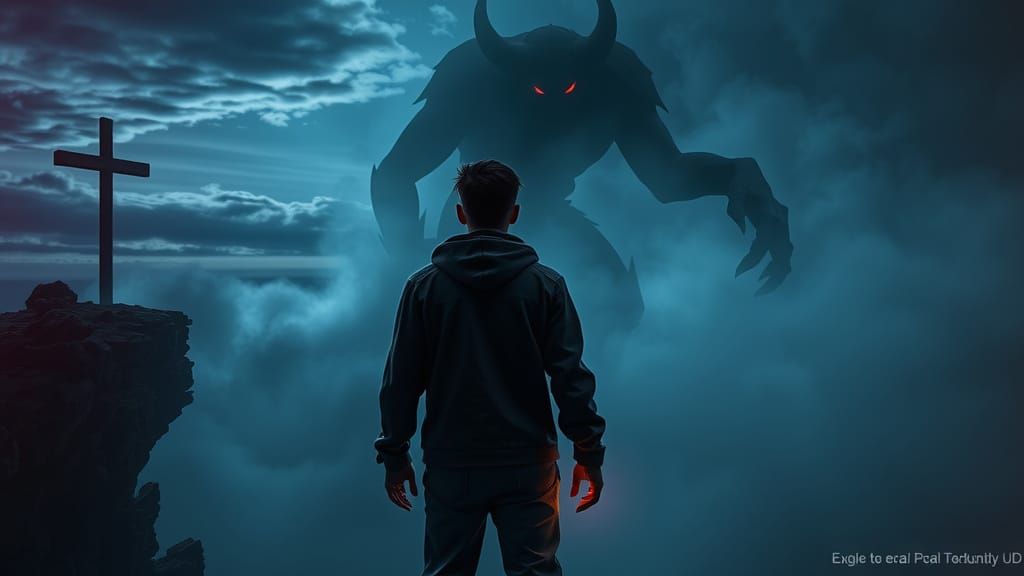 Dark Fantasy Horror Scene with Demonic Silhouette and Burnin...