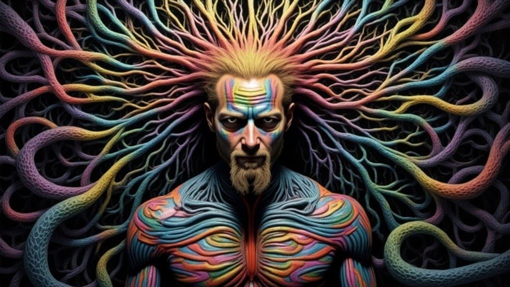 Biomechanical Android in Webbed Fractal Dreamscape