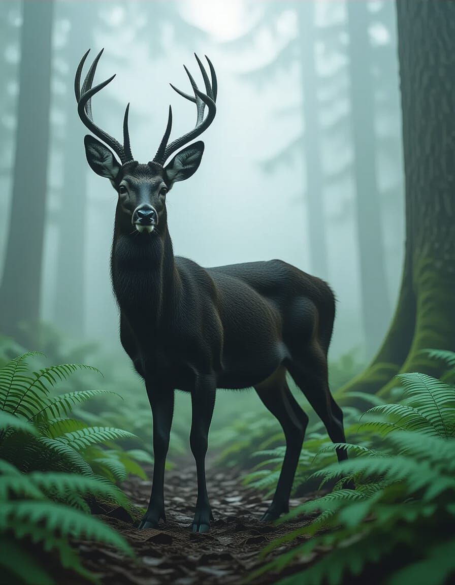 Majestic Black Deer in Misty Forest: Hyperrealistic Photogra...