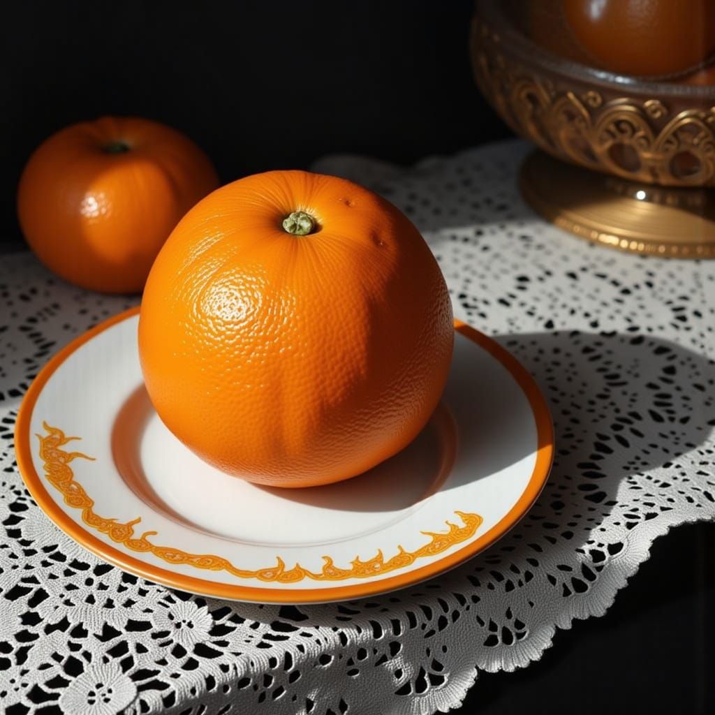 Photorealistic Candied Orange on Lace Tablecloth