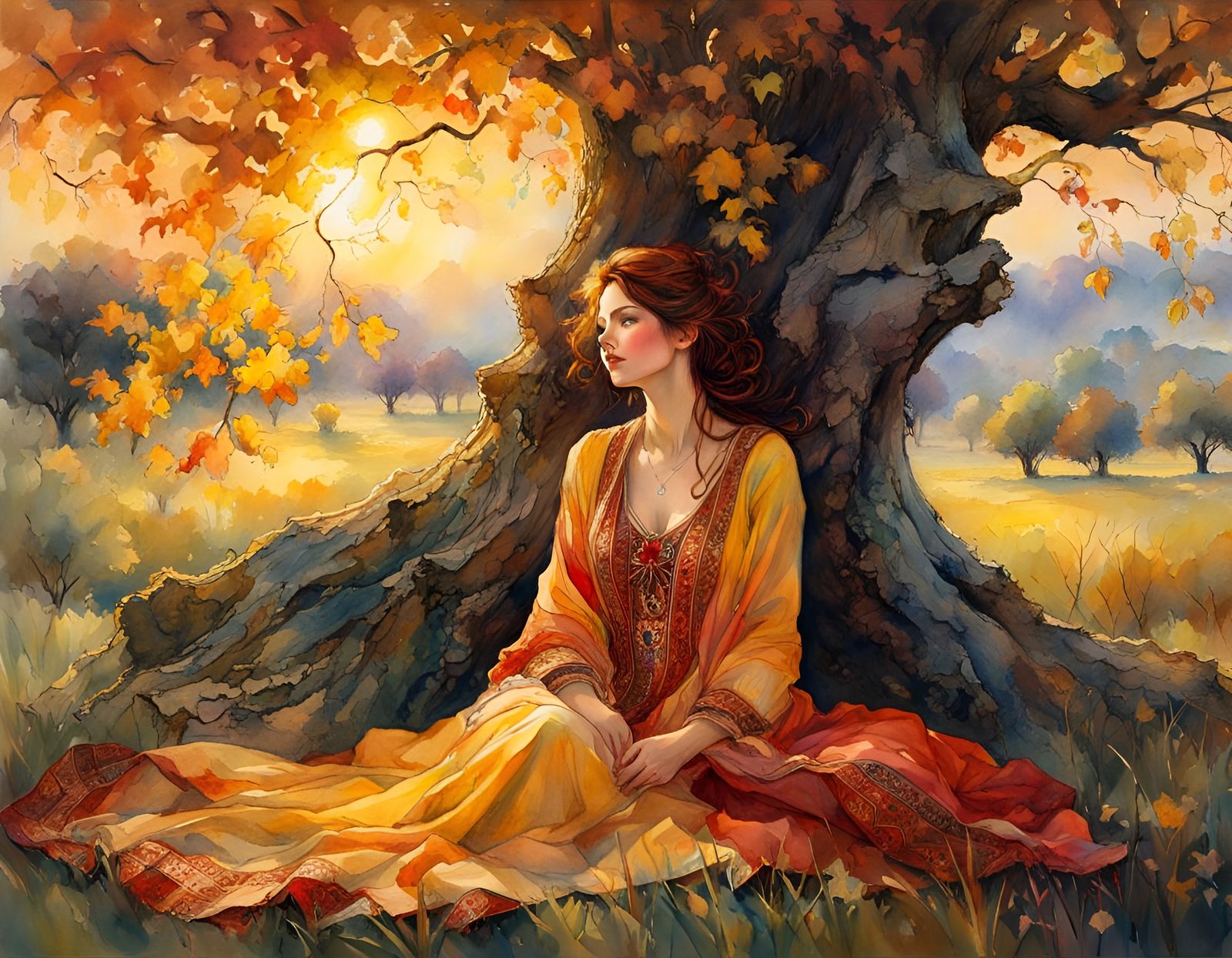 Woman in Orchard, Loose Watercolor Style